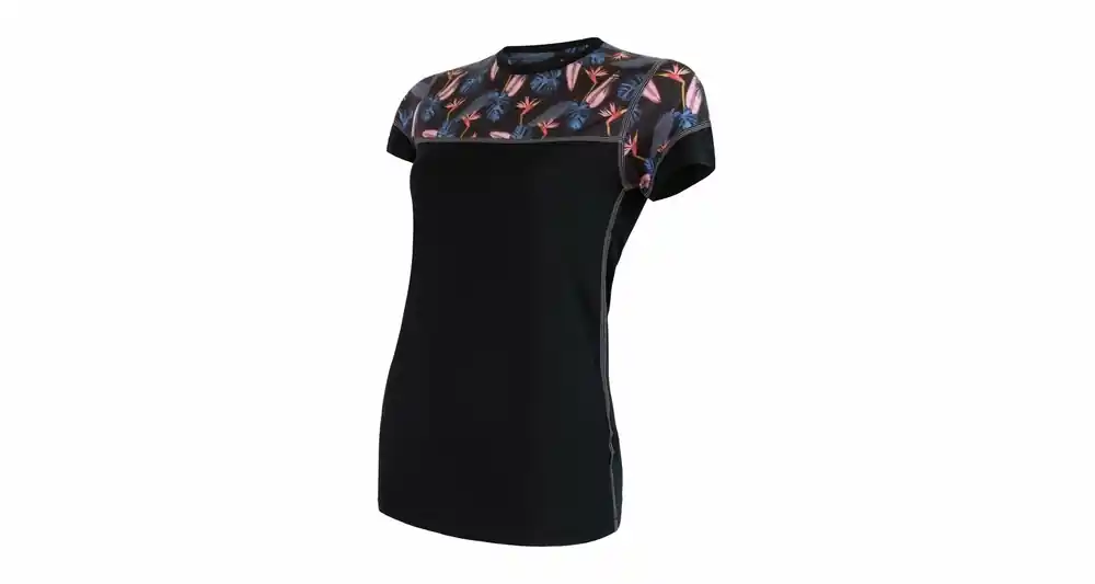 Dames t-shirt SENSOR Merino Indruk maken kr.rukáv zwart / bloemen S Nieuw