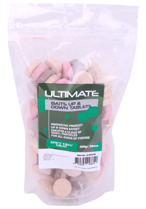 Ultimate Baits Up & Down Tablets 20mm, geven onder water geur-, kleur- én smaakstoffen af Spicy Fish/Meat Alleen Vandaag