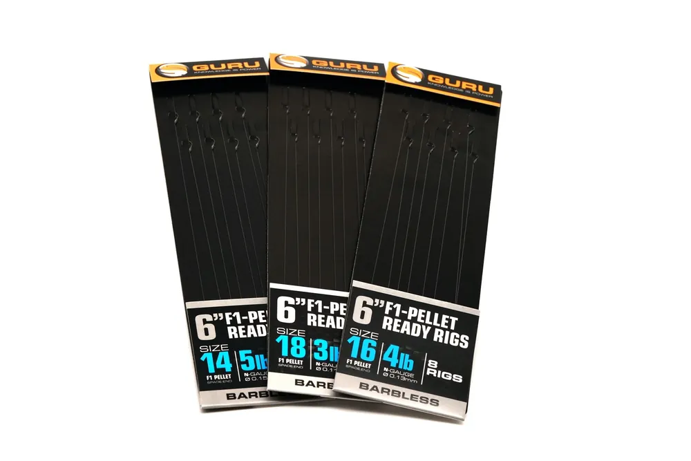 Guru F1 Pellet Ready Rig Barbless Pole Onderlijnen 15cm (8pcs) 0.11mm (Haakmaat 18) Weekendaanbieding