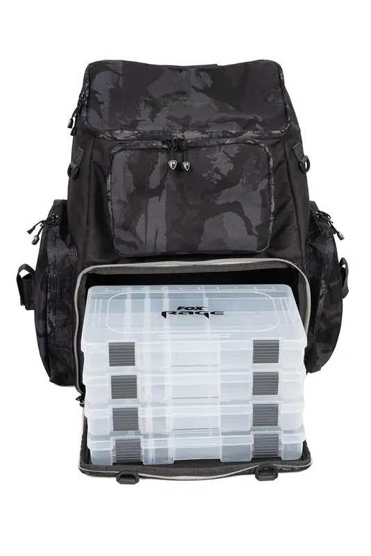 Finale Uitverkoop Fox Rage Camo Voyager Rucksack (Incl. 5 Tackleboxen)