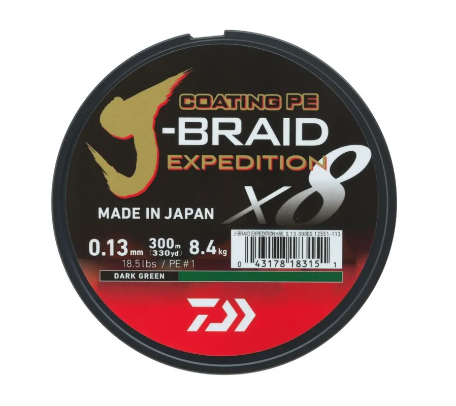 Daiwa J-Braid Expedition X8E Gevlochten Lijn Dark Green (150m) 0.20mm/16kg Favoriet