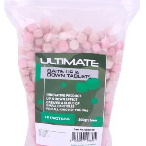Premium Ultimate Baits Up & Down Tablets 9mm, geven onder water geur-, kleur- én smaakstoffen af Spicy Fish/Meat