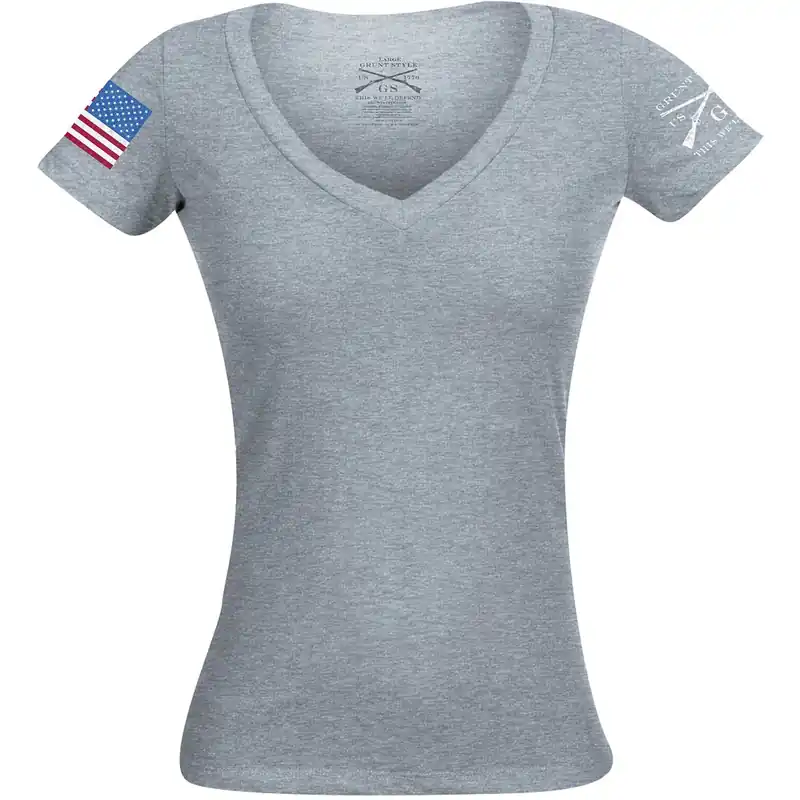 Gecertificeerd Grunt Style Dames Full Color Flag Basic V-hals T-shirt - Heather Grey S
