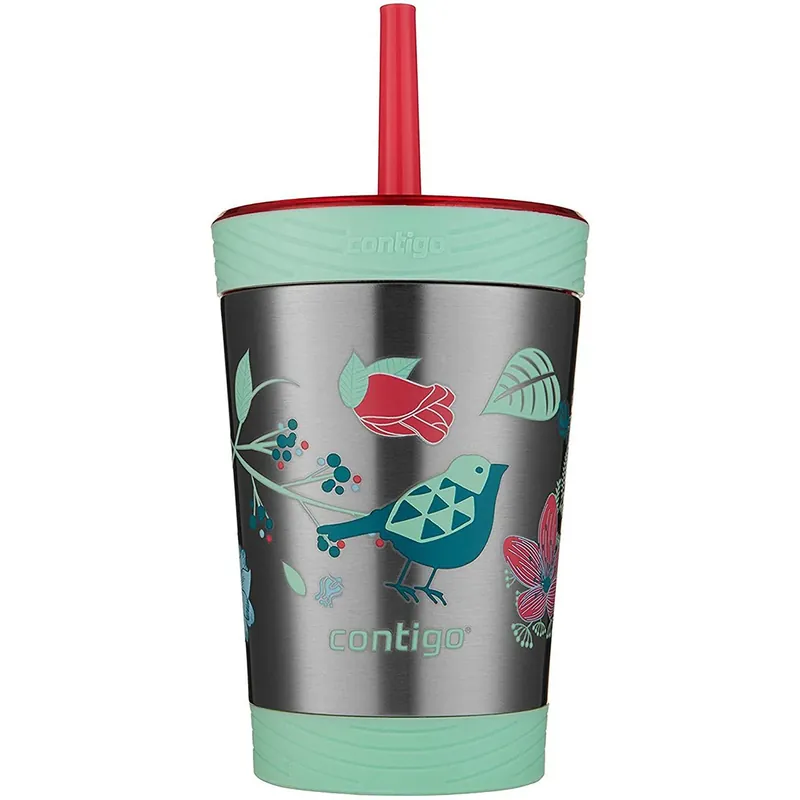 Contigo 12 oz. Lekvrije, geïsoleerde roestvrijstalen beker voor kinderen met rietje Bestrooi met vogels en bloemen Laatste Kans