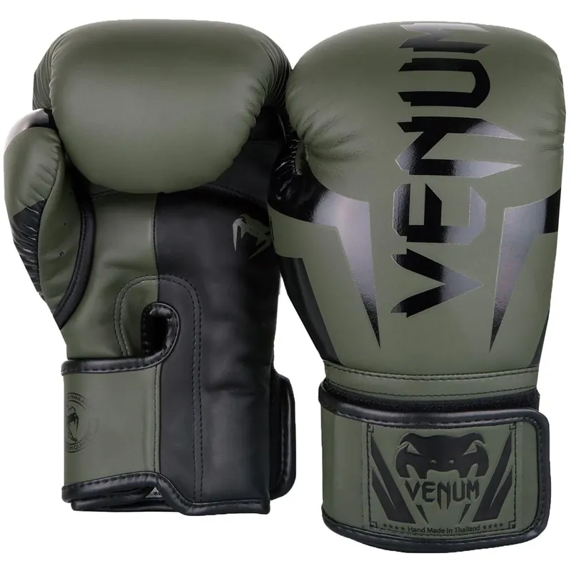 Venum Elite Skintex leren klittenband trainingsbokshandschoenen - Khaki/Zwart 8 oz. Nieuw