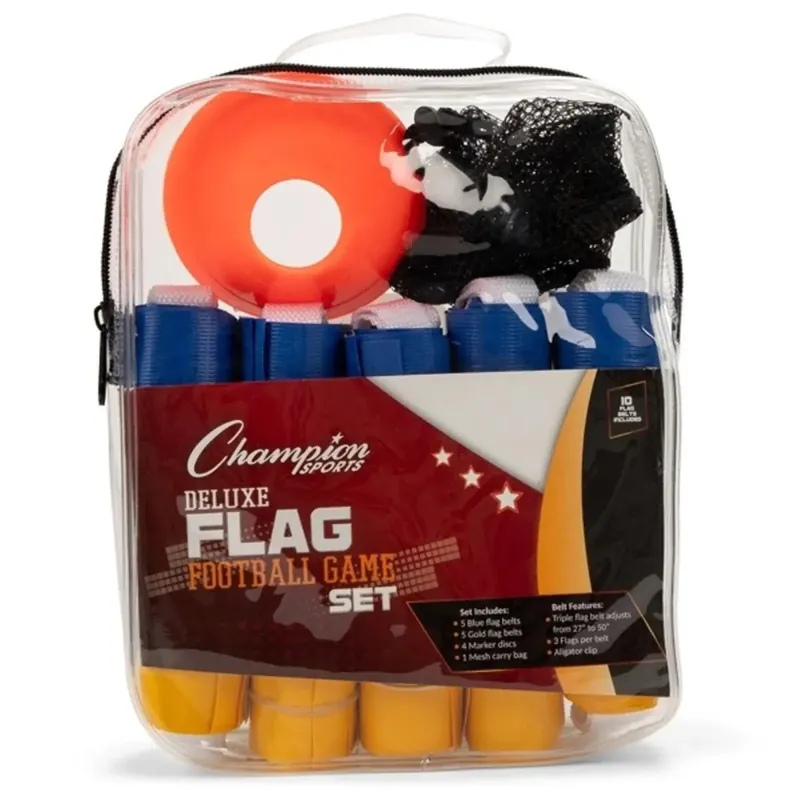 Champion Sports Deluxe Flag Football Set - 5 blauwe/ 5 gele vlaggenriemen, 4 oranje schijfkegels en mesh draagtas Betrouwbaar