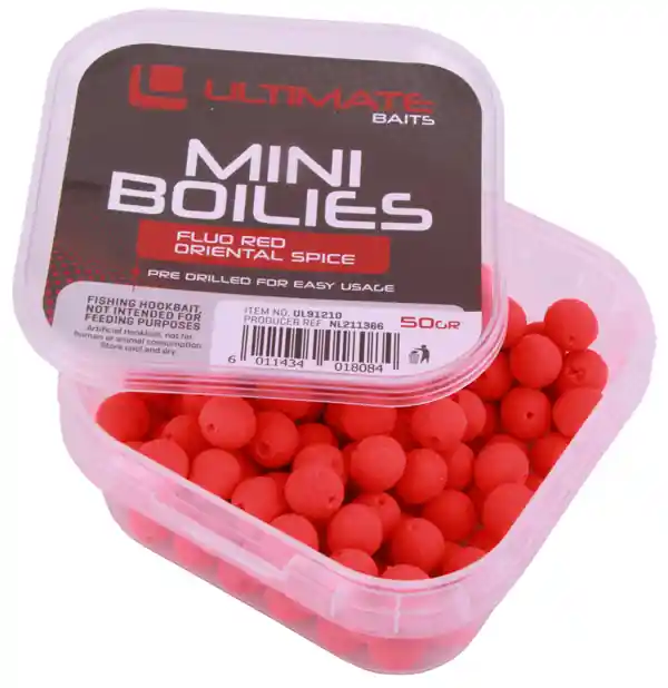 Bestel Nu Ultimate Baits Pre-drilled Mini Boilies 9mm Fluo Red - Oriental Spice