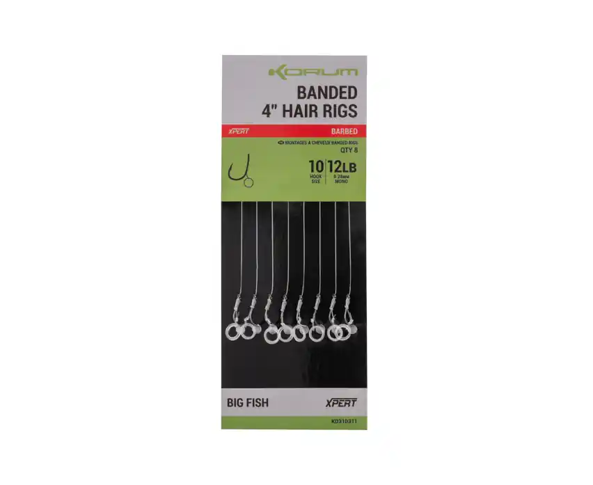Korum Banded Hair Rigs 10cm (8 Stuks) 8lb Size 14 Laatste Versie