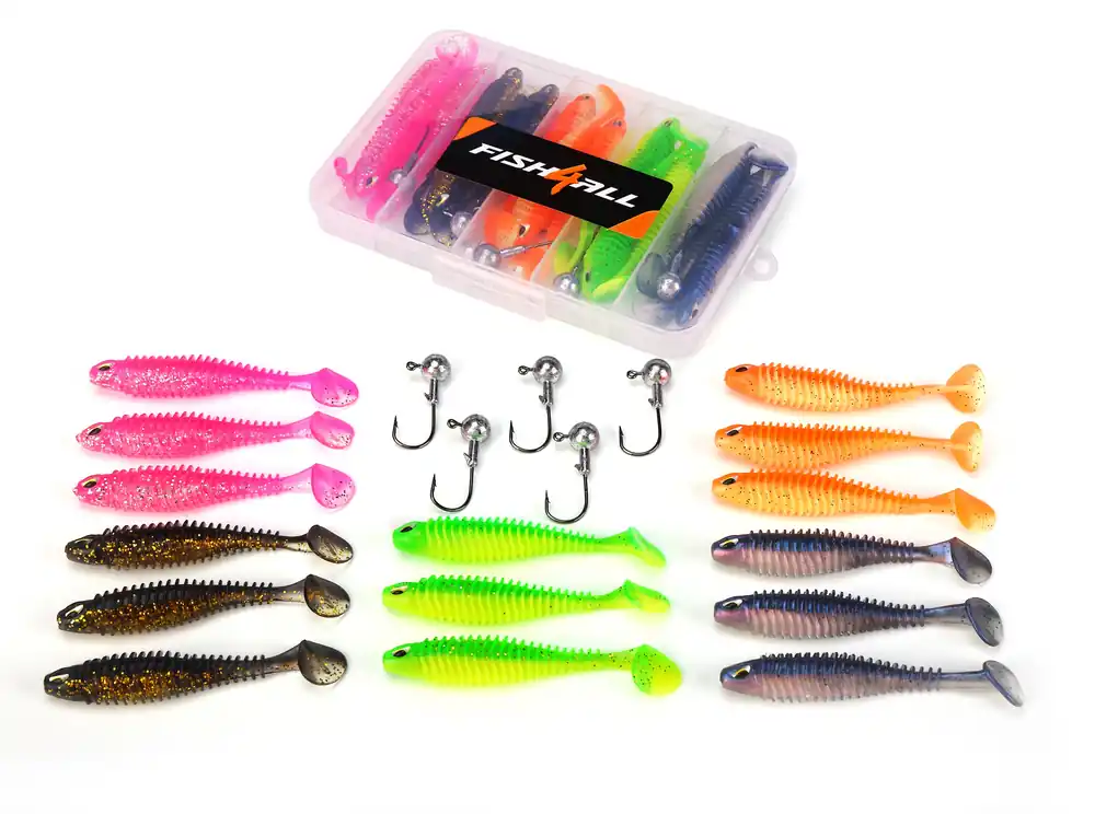 Populair Fish4all Ribbed Softbait & Jighead Box (20pcs)