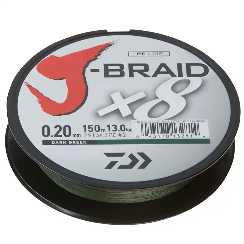 Uitverkoop Daiwa J-Braid X8 | Donkergroen | Dyneema | 18lb | 0.13mm | 150m