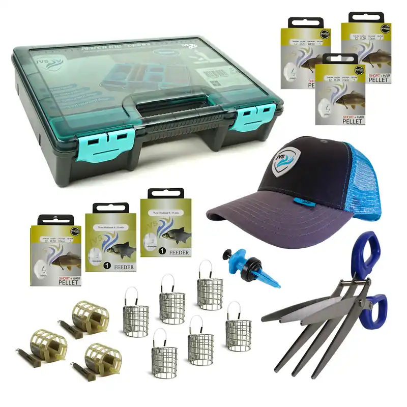 Aanbieding JVS Feeder Absoluut set - Zeer compleet - 18 delig - Onderlijnen - Voerkorven - Wormenschaar -Cap