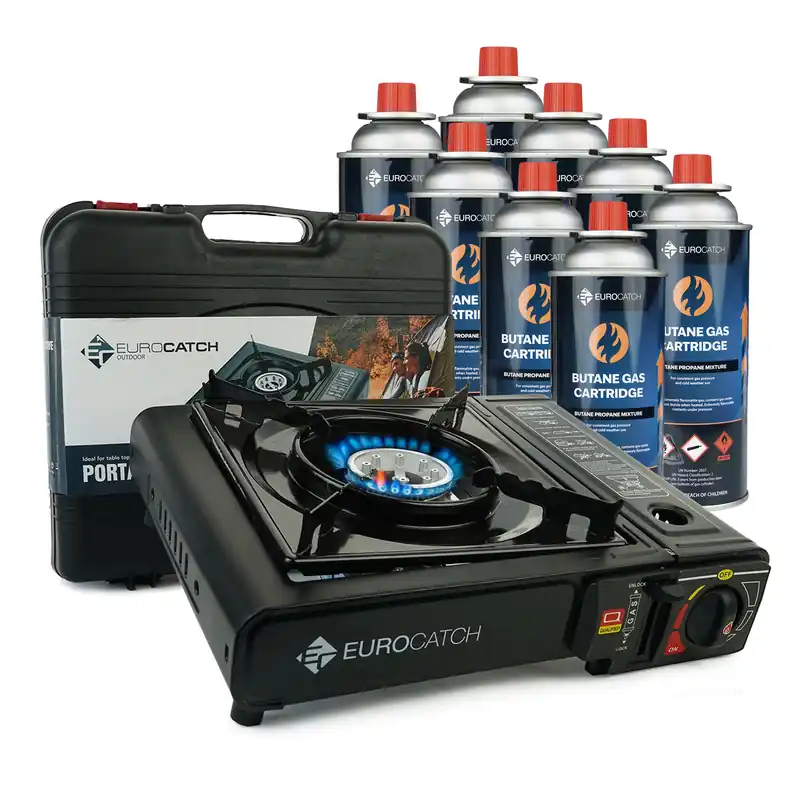 Eurocatch Outdoor - Kooktoestel op Gas - incl 8 Gasbussen -Gas Stove - Camping Kooktoestel - Gaspit - Gasfornuis - Gasstel - Cooker - Draagkoffer Weekendaanbieding