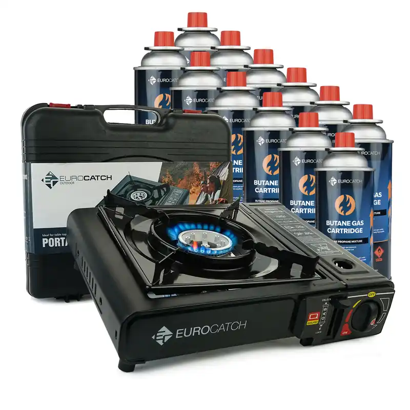 Eurocatch Outdoor - Kooktoestel op Gas - incl 12 Gasbussen -Gas Stove - Camping Kooktoestel - Gaspit - Gasfornuis - Gasstel - Cooker - Draagkoffer Must-Have