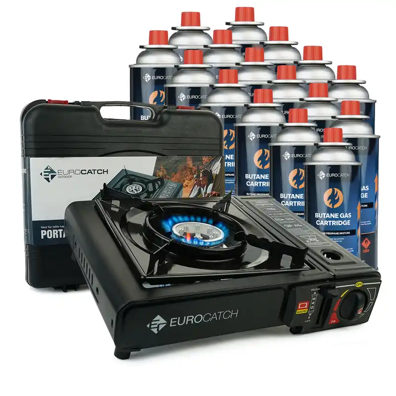 Eurocatch Outdoor - Kooktoestel op Gas - incl 16 Gasbussen -Gas Stove - Camping Kooktoestel - Gaspit - Gasfornuis - Gasstel - Cooker - Draagkoffer Meest Verkocht