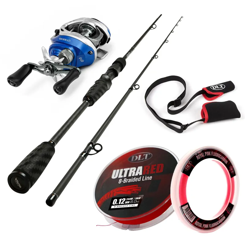 Betaalbaar DLT Vivid Baitcaster Hengelset. Complete Set met Hengel. Reel. Gevlochten Lijn. Fluorocarbon & Hoes