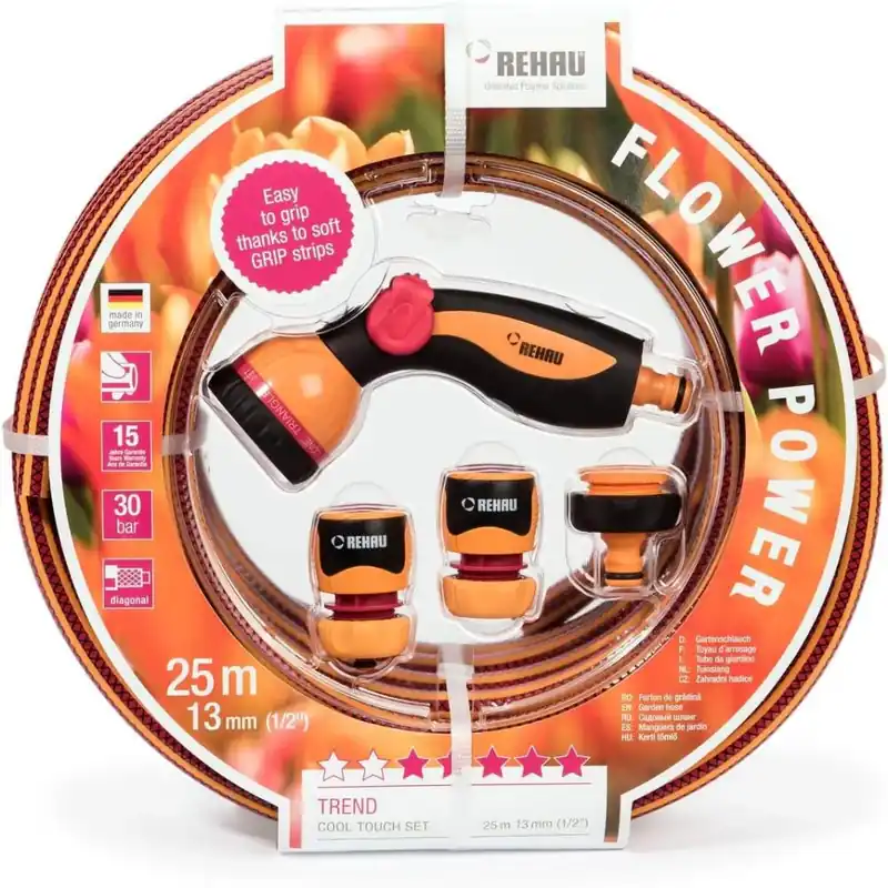 Finale Uitverkoop Rehau Tuinslangset - 25 Meter - Compleet met 7-Standen Spuitpistool - Oranje/Rood